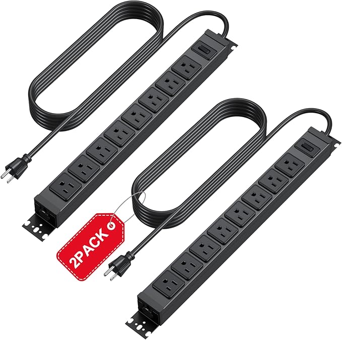 HHSOET 2 Pack Metal 360° Rotating Mountable Power Strip, 8 Outlet Gaming Table Mounted Long Power Strip, Heavy Duty Wall Mount Surge Protector with Switch, 15A 125V 1875W 6ft Power Cord.