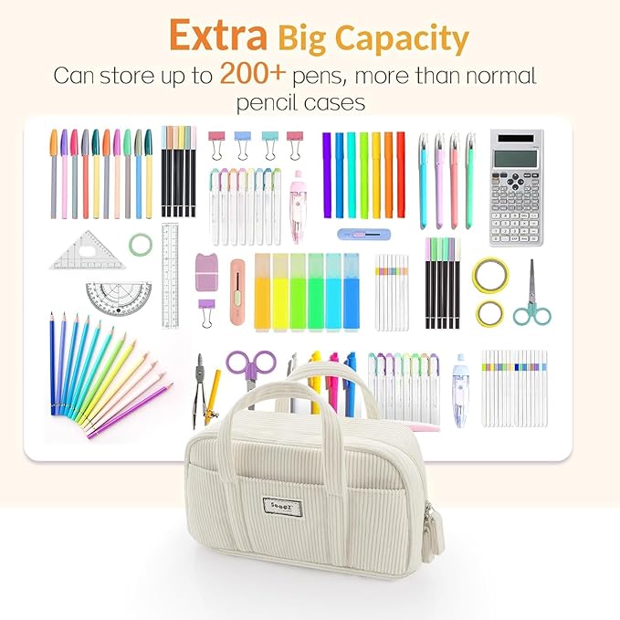 Sooez Large Pencil Case Pouch, Extra Big Pencil Bag with 5 Compartments, Pen Bag Wide Opening, Soft Corduroy Pen Pouch Organizer with Zipper, Cute Aesthetic School Supplies for Teen Girls-Green