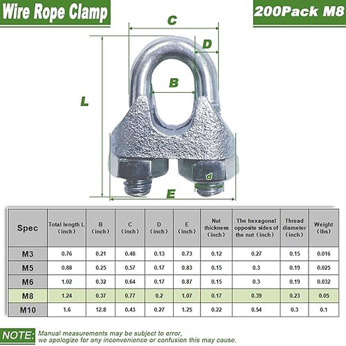 200PCS 5/16" M8 Zinc-Plated Wire Rope Clamps – Heavy Duty U-Bolt Cable Clips (Silver)