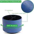 Hennaja Round Leather Art Supply Organizer,Remote Control Holder,360 Degree Spinning,Multi-Functional Pencil Holder,4 Compartments Desktop Stationary Organizer(1-Oil Blue2)