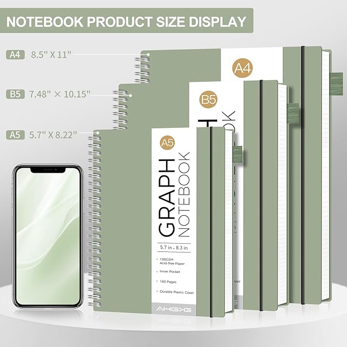 AHGXG Graph Paper Notebook - Spiral Notebook Journal 7.6" x 10", B5 Large Graph Notebook, 140 Pages, 100 gsm Thick Grid Paper, Waterproof Plastic Cover, for School Writing Engineering, Sage Green