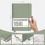 AHGXG Bullet Dotted Journal - 150 GSM Dot Grid Notebook Journal, Thick Acid-Free Paper, A5 Dotted Notebook 128 Pages, Leather Hardcover, Inner Pocket, Journal Stencil, 5.7'' × 8.3'' - Sage Green