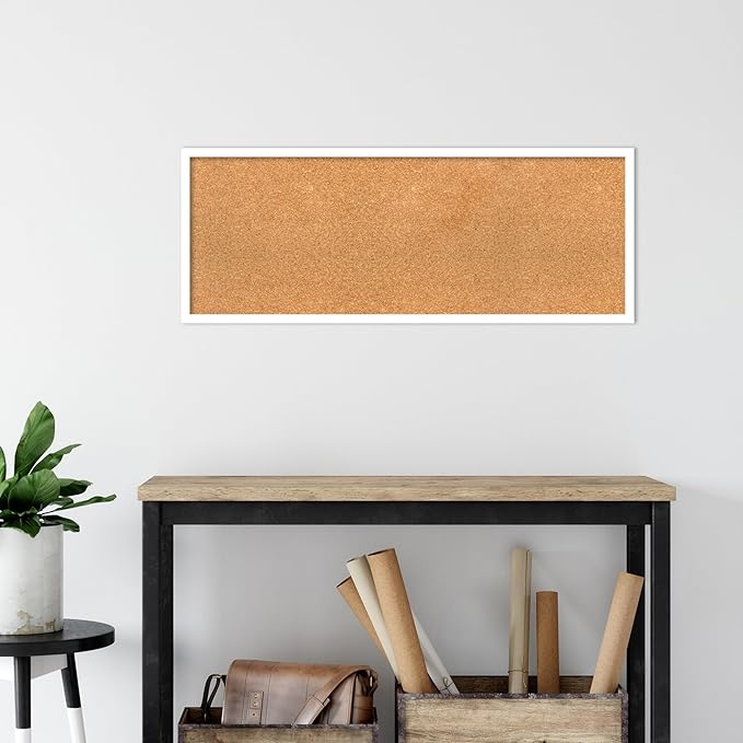 Amanti Art Natural Cork Board for Wall, 15x39 Vision Board with White Frame, Medium Corkboard Office Decor for Home Organization, Modern Corkboard Pinboard to Display Items for Home Organization in