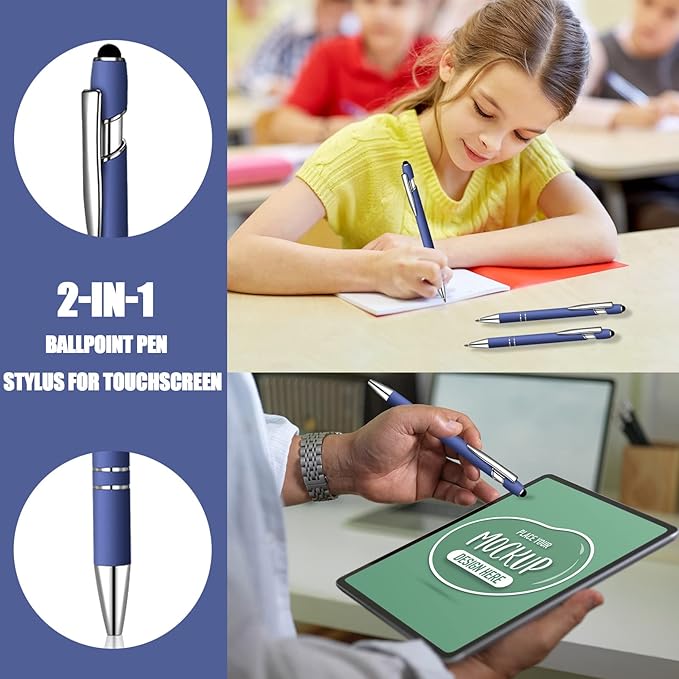12 Pcs Blue Ink Ballpoint Pen with Stylus Tip, 1.0 mm Metal Pen Stylus Pen for Touch Screens, 2 in 1 Thank You Pen Gift for Friends, Colleagues, Coworker, Office, Family (Blue)