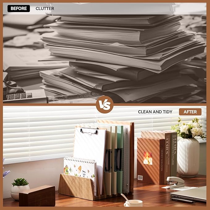 KIRIGEN Wood File Mail Organizer 7 Slots File Paper Holder Desktop Wood Document Letter Holder Organizer for Home Office Brown (7KWJJ-DBR)