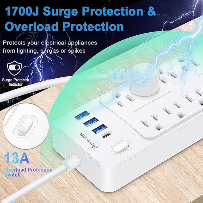 25 FT Power Strip with Surge Protection 1625W/13A, 14 Outlets and 4 USB Ports (1 USB-C), 16AWG, 1700J Flat Plug, White, ETL Listed