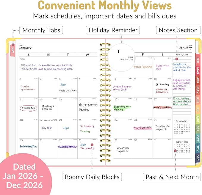 Forvencer 2026 Planner, Hardcover Calendar Planner Weekly and Monthly, Jan 2026 - Dec 2026, 6" x 8", Spiral Agenda Book with Tabs, Exquisite Daily Journal Organizer for Home School, Olive Green