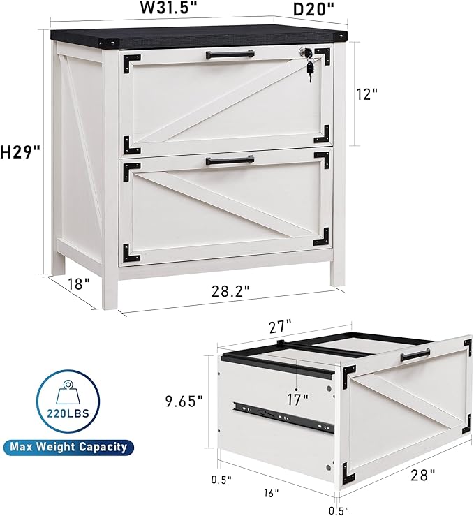 JXQTLINGMU 2 Drawer Farmhouse File Cabinet, Lateral Filing Cabinet with Lock for Home Office, Compatible Legal Letter A4 F4 Size, White