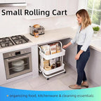 Ufriandz 2 Tier Cart with Wheels Under Desk Storage with Handle, Metal Rolling Pantry Cart for Kitchen White Small Rolling Basket for Laundry Room Bathroom, Utility Shelf Organizer for Small Space