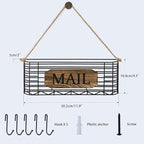 SRIWATANA Mail Holder, Rustic Mail Organizer Wall Mount Hanging Mail Sorter Letter Basket with 5 Key Holder for Wall, Large, Carbonized Black