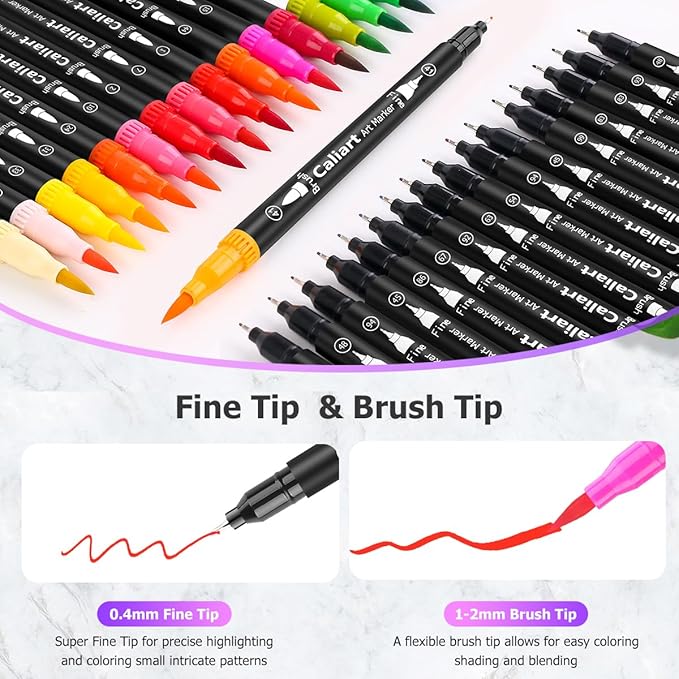 Caliart 34 Double Tip Brush Pens Art Markers, Artist Fine & Brush Pen Coloring Markers for Adult Book Cards Drawing Craft Kit Teacher Office Supplies
