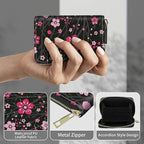 BWEGRHE Cute Credit Card Holder with Zipper, Pink Cherry Blossom RFID-Blocking Card Case Small Wallet for Women Men, Multi-slot Card Organizer Case Travel Accordion Wallet