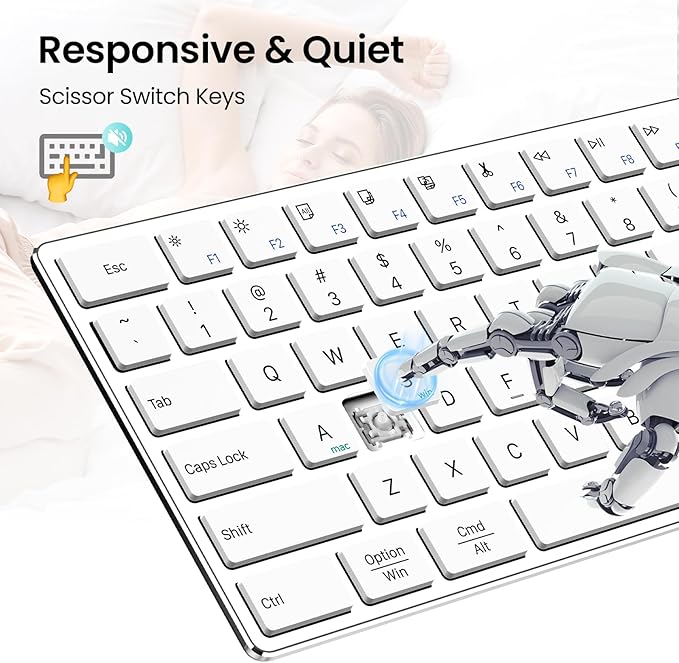 2.4G Wireless and Bluetooth Keyboard with Numeric Keypad, Multi-Device, Rechargeable, Compatible with Mac, Windows (White)