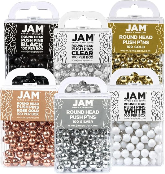 JAM PAPER Colorful Push Pins - Round Head Map Thumb Tacks - Assorted Business Colors - 600/Pack