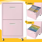 SteeLoong 2 Drawer File Cabinet with Lock，Pink Rolling File Cabinet for Home Office, Metal Small Mobile Filing Cabinets on Wheels for Hanging Letter