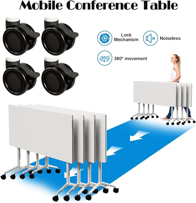 Conference Table Flip Top Mobile Conference Room Tables,Folding Conference Table with Wheels,Large Meeting Training Seminar Table Saving Space for Office Classroom (8, White, 47.2'')