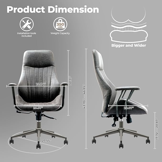 ovios Ergonomic Home Office Chair, Mid-Century Modern Faux Leather Chairs with Padded Armrests, Comfy High Back Swivel Rolling Executive Computer Armchair (Dark Grey, Suede Leather)