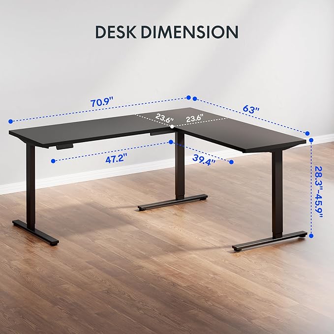 FLEXISPOT L Shaped Standing Desk, 71 x 63 Inch Electric Height Adjustable Corner Desk, Sit Stand Computer Workstation, Preset Controller, Home Office, Black Frame with Black Top