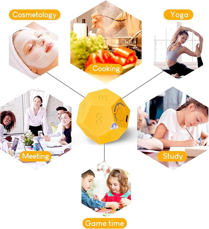 Mini 12 Sided Cube Timer, 11 Preset Times Pomodoro Timer for Enhanced Productivity. Ideal for ADHD Management, Workout, Study & Kitchen Cooking. Easy to Use (Yellow)