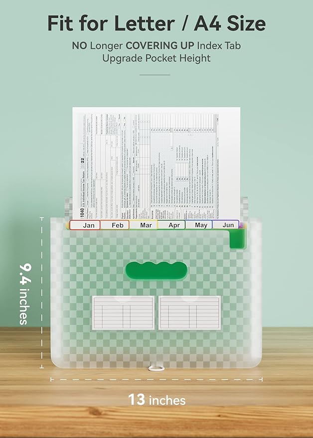 ABC life 12 Pockets Accordion File Organizer Expanding File Folders, Portable Monthly Bill Receipt Document Organizer, Expandable Accordian Filing Folder Letter A4 Size, Colored Tabs (Green)