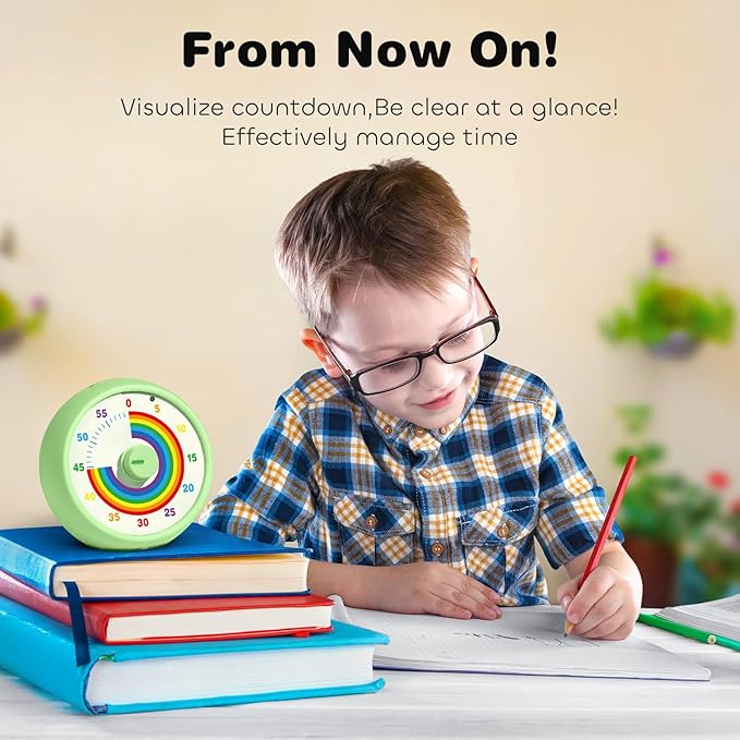 Visual Timer for Kids, 60-Minute Countdown Timer for Classroom Office Kitchen, Desk Timer Kids Time Management Tools with Silent Operation, Pomodoro Time Rainbow Pattern (Green)