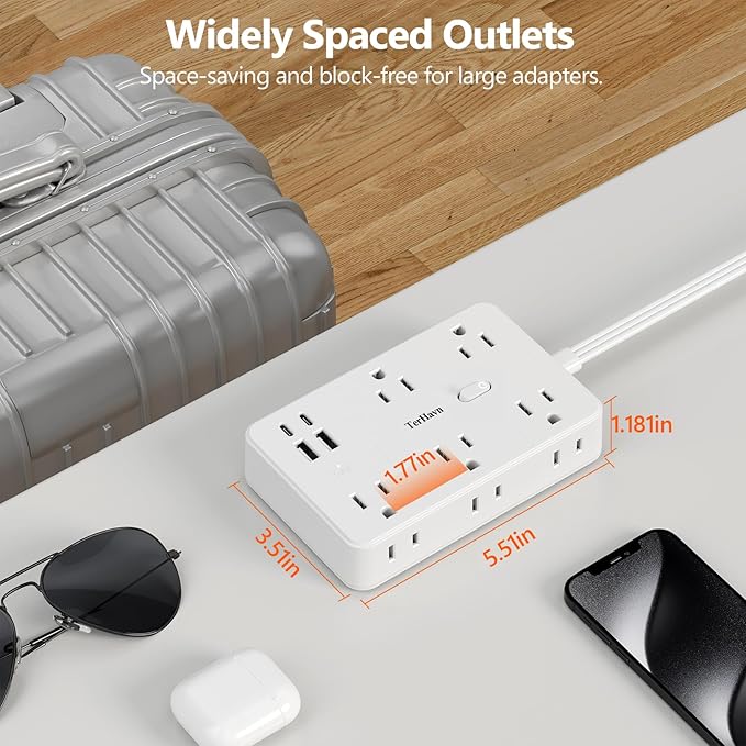 Surge Protector Power Strip 5 FT Flat Extension Cord ，10 AC Outlets & 4 USB Ports(5V/3.4A 17W), 1080J ，Wall Mountable Desktop Charging Station with Flat Plug for Office Supplies and Home, White