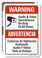 SmartSign 2-Pack 'Warning Audio And Video Surveillance On Duty At All Times' Bilingual Sign - 7" x 10", 40 mil Laminated Rustproof Aluminum Metal, Red, Black and White, Fade-Resistant, Made in USA