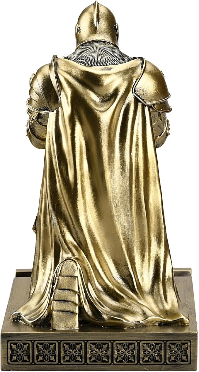 Amoysanli Medieval Armored Warrior Wearing Outerwear, Mobile Phone Stand Knight Pen Holder Desk Organizers, Resin Bookends Paperweight with a Letter Opener for Desk (Bronze)