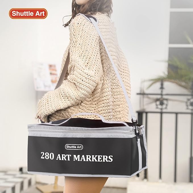 Shuttle Art 280 Colors Dual Tip Alcohol Based Art Markers, 279 Colors Permanent Marker Plus Colorless Blender, Micro-tip Pens, White Highlighter Pens, Marker Bag with Holders for Kids Adult Coloring