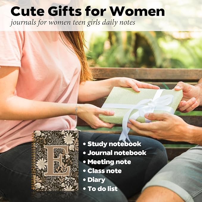 Initial E Personalized Journal Notebook, Boho Floral Journaling Notebooks for Women Girls, Costom Monogrammed Gifts for Women Mom Girls Friends, Letter Spiral Notebook, 5.5x8.3