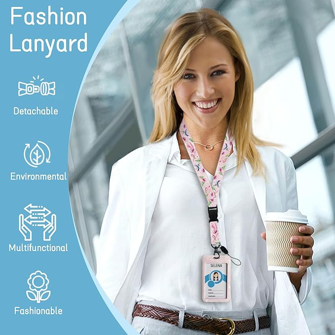 Bird Badge Holder with Retractable Lanyard, Pink Lanyards for ID Badges Name Tags Vertical Card Holder, Detachable Lanyard Badge Reel Retractable, Teacher Nurse Workers Women Office Gifts
