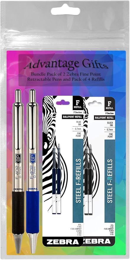 Zebra F-402 Ballpoint Stainless Steel Retractable Pens with Refills, Fine Point, 0.7mm, Black/Blue Ink, 4-Count Bundle with Plastic Reusable Pouch