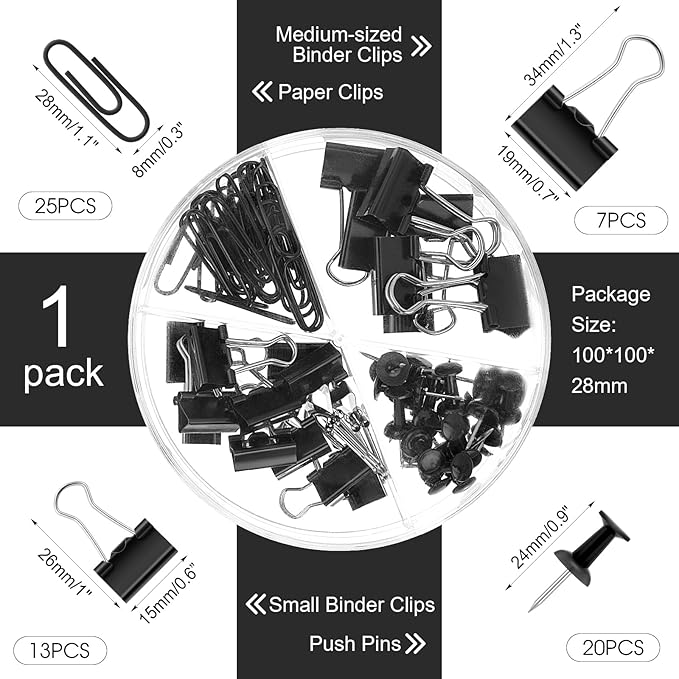 1560 Pcs Paper Clips and Binder Clips Assorted Sizes, Large Medium Small Binder Clip Paperclips Thumb Tacks, College Supplies Home Office Supplies Document Organizing(Black)