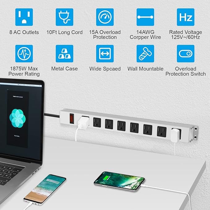 JUNNUJ Metal 8 Outlet Power Strip, Mountable Heavy Duty Power Strip, 1200J Surge Protector Wall Mount Screws Outlet with Switch, Gaming Desk Strips Wide Spaced 15A 125V 1875W, 10 FT 14AWG Power Cord