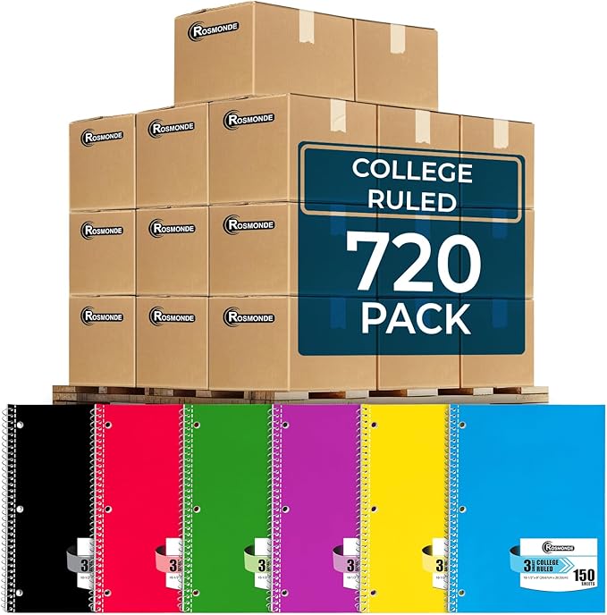 Rosmonde 720 Packs (Pallet) 3 Subject Notebooks, Spiral Notebook Bulk, College Ruled, Pallet of Notebooks,150 Sheets (300 pages),8 x 10-1/2",Bulk Spiral Notebooks for School & Office, 4-7 Days Transit