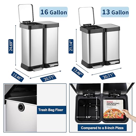 16 Gallon Dual Compartment Trash & Recycling Bin - Soft Close Lid Kitchen Garbage Can, Stainless Steel Step Pedal, Space Saving Design for Home/Office (60L 2x30L, No Inner Bucket)