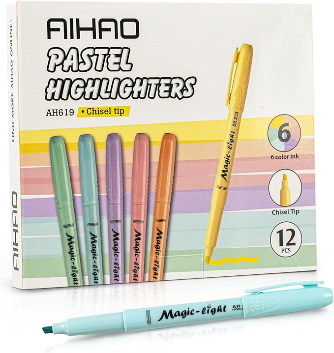 AIHAO Pastel Highlighters, Assorted Color, Chisel Tip Marker Pen, 12Pack, No Bleed, Aesthetic Cute Highlighter, Ideal for School Office Supplies.