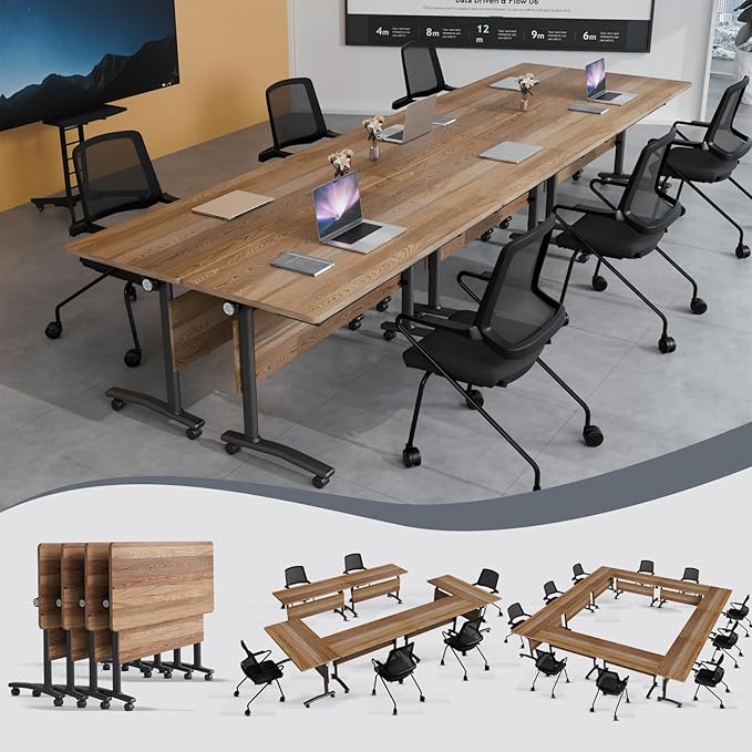 Folding Conference Table 4ft 5ft, Foldable Office Meeting Desk for 6 People, Multiple Sizes Colors Mobile Conference Room Table for Training Room School Business Furniture (2, White Walnut, 71in)