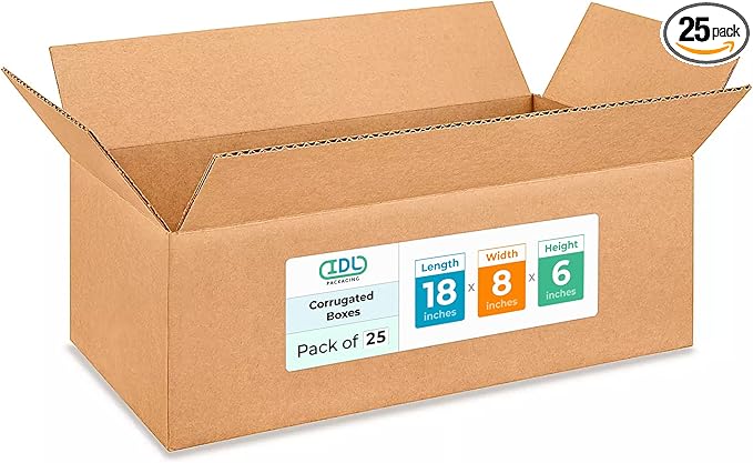 Medium Shipping & Moving Boxes 18"L x 8"W x 6"H (25-Pack) - Extra Strength 200 lb vs Regular - Corrugated Packing Boxes for USPS/UPS/FEDEX - Medium Box - Moving Box Heavy Duty by IDL Packaging