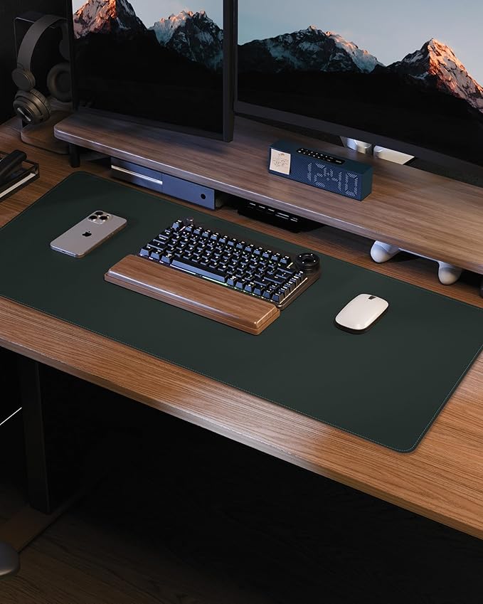 Leather Desk Pad Protector, Green Office Mat, Non-Slip PU Leather Blotter, Laptop Desk Pad, Waterproof Writing Pad (Dark Green, 31.5" x 15.7")