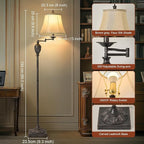 Traditional LED Floor Lamp with 350° Adjustable Swing Arm Lamp – Vintage Standing Pole lamp for Living Room, Bedroom and Office – Rustic Upright Floor Light for Home Décor with Faux Silk Fabric Shade