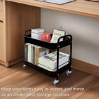 LIWNYRK 2 Tier Rolling Cart with Wheels for Under Desk Storage & Pantry Room, Large Capacity Laundry Room & Makeup Organizer, Sturdy Kitchen Utility Cart for Small Space with 4 Hooks, Black