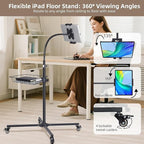 Coslony Adjustable Floor Standing Tablet Stand with Storage Basket, Mobile Rolling Base, Height Adjustable Metal Frame
