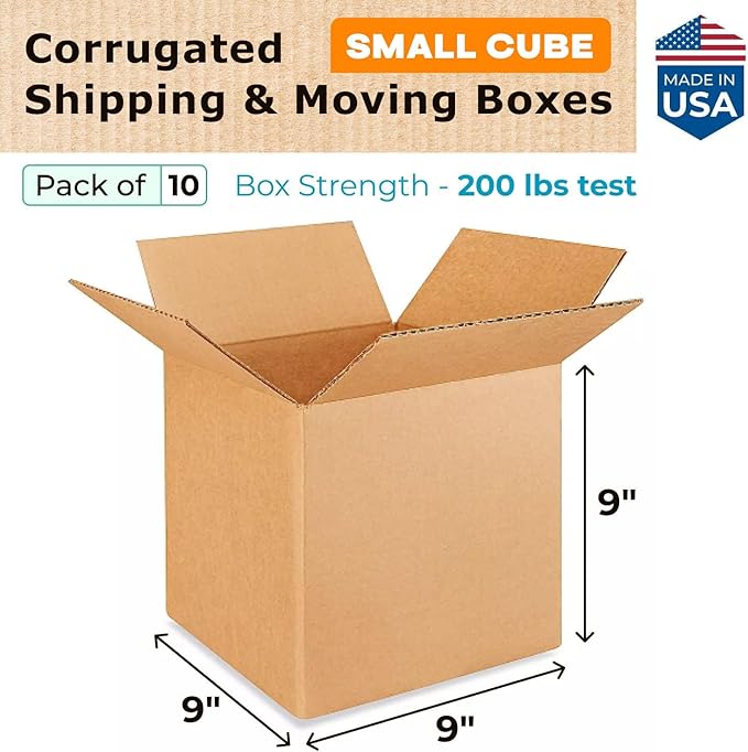 Small Cube Moving & Shipping Boxes 9x9x9 inches (10-Pack) - Extra Strength 200 lb vs Regular - Corrugated Strong Cardboard Boxes - Packing Box for Moving - Small Packing Box by IDL Packaging