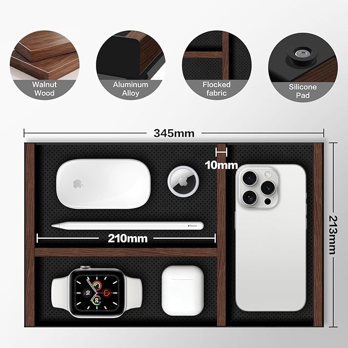 Laetass Desk Drawer Organizer Tray With Removable Magnetic Wooden Strip,Freely Adjustable Space,Made of Aluminum and Walnut,Valet Tray for Mens,Desk Accessories for Office/Home/Nightstand