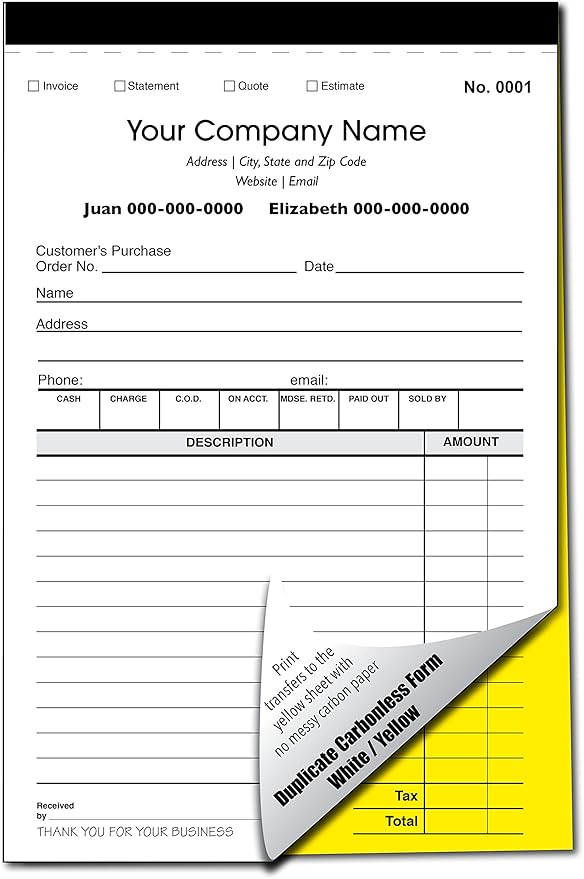CH Printco Custom Sales, Invoice, Statement, Estimate, Quote, Personalized Multipurpose Duplicate Carbonless Form with Your Company Name - 2 Books (100 Sets) 5-1/2" Wide x 8-1/2" Tall.