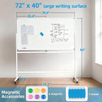 VOWNER Double-Sided Magnetic Whiteboard, 72" x 40" Large Mobile Dry Erase Board, Reversible Rolling White Board with Aluminum Frame & Stand, for Home Office, Classroom, School, White