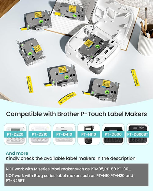 2-Pack Label Maker Tape 12mm 0.47" Yellow Replacement for Brother P Touch Label Tape TZe-631 TZ-631, Compatible with Brother Ptouch PT-D210 PT-H110 PT-D220 PT-D400,Black on Yellow