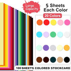 100 Sheets Colored Cardstock 8.5 "x 11", 65LB 180GSM Craft Bulk Construction Paper, 20 Assorted Colors Card Stock Paper for School & Office, Card Making Printer Scrapbook Decorations DIY Crafts