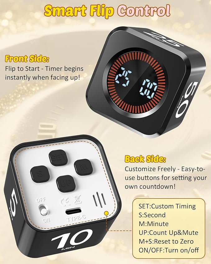 Digital Pomodoro Timer Cube 5/10/25/50min, Visual Productivity Flip Timer for Kids Classroom Desk, Custom Countdown, Silent and Sound Mode for ADHD Study Work Game Kitche(Black)